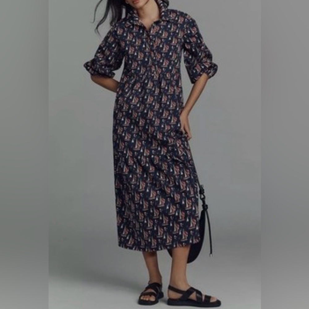 Maeve Navy Printed Maxi Shirt Dress with Coral Accents